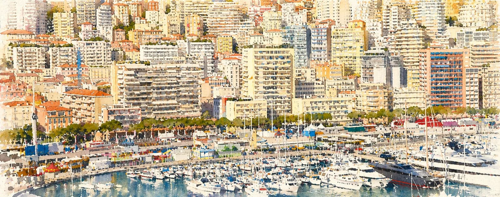 Watercolour overview of Monaco's residential buildings from MonacoViews