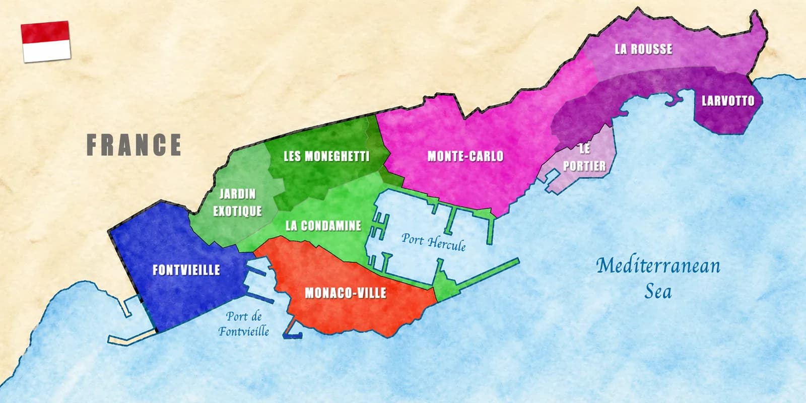 Watercolour overview of Monaco's districts from MonacoViews