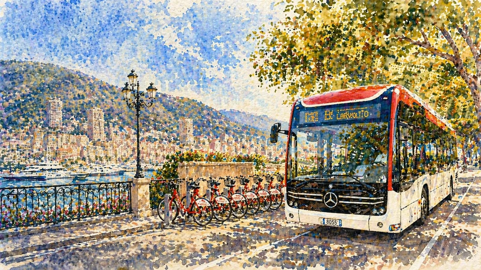 Electric Mercedes Larvotto bus and Monabike e-bike rack on Monaco's harbour-front promenade with Monte Carlo skyline