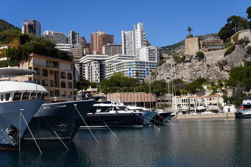 Panoramic view across Fontvieille port looking east towards La Condamine and the Monte-Carlo skyline, Monaco