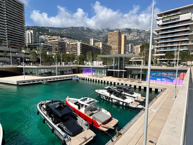 Day boats moored in the exclusive Le Portier private marina at Mareterra, Monaco, with Le Renzo and Larvotto skyline beyond