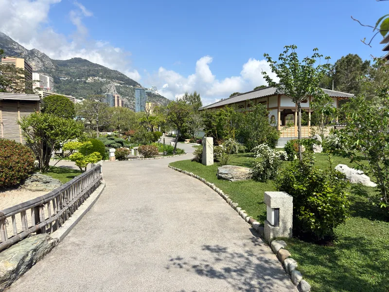 A view through Monaco's Japanese Garden showing sculpted pines, stone lanterns and the reflective pond in the Larvotto and Mareterra area